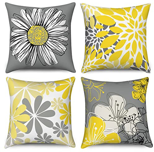 Hnmdmyi Kissenbezug Gelb 50x50 4er Set, Gelb und Grau Blumen Dekorative Kissenbezüge Modernes Gänseblümchen Bauernhaus Boho Leinen Kissenhülle für Sofa Couch Bett Garten Outdoor Home Decor