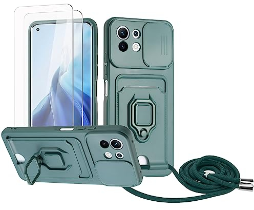 Zallagre Handykette Hülle kompatibel mit Xiaomi Mi 11 Lite 4G/5G/Mi 11 Lite 5G NE.[2 Stück] Schutzfolie Glas,Kameraschutz,360 Grad Ringhalter Stand,Kartenfach,Silikon hülle-Dunkelgrün