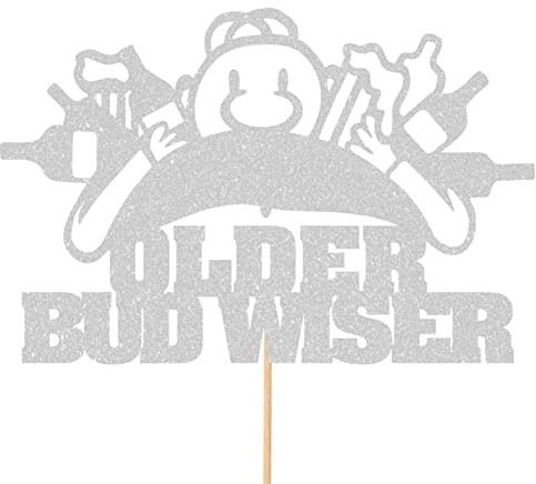 Funny Older Bud Wiser Happy Birthday Beer Glitter Topper by Cakeshop | Custom Colour Budweiser Bottle Ale Lager Booze Alcohol Cake Decoration For Him 21st 30th 40th 50th 60th 70th 80th Light Silver
