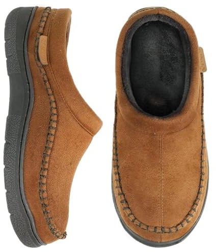 Zigzagger Men's Slip On Moccasin Slippers, Indoor/Outdoor Warm Fuzzy Comfy House Shoes, Fluffy Wide Loafer Slippers,Cold Tawny, 11-12 D(M) US