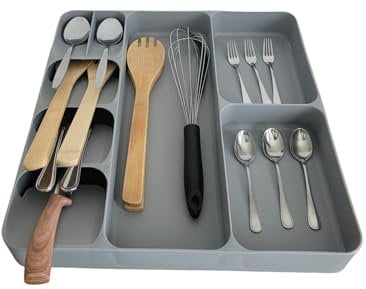 JEMSKAL Besteckkasten für Schubladen Besteckeinsätze Schubladeneinsatz aus Kunststoff Platzsparender Besteckkasten Größenverstellbarer Schubladeneinsatz mit 7 Fächern 38 cm*39 cm*5 cm