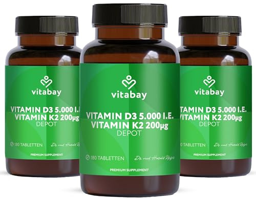 Vitabay Vitamin D3 + K2 Depot – 540 vegane Tabletten – hochdosiert | 5000 IE Premium Vitamin D3 mit K2-MK7 All-Trans – ohne Zusätze – vegan & laborgeprüft in Deutschland – 3er Bundle
