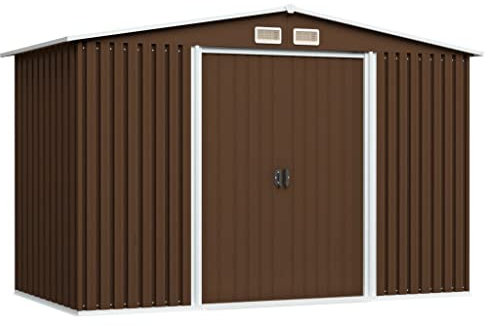vidaXL Garden Storage Shed, Galvanised Steel - Brown - Large Outdoor Tool and Equipment Storage with Double Sliding Doors and Ventilation System