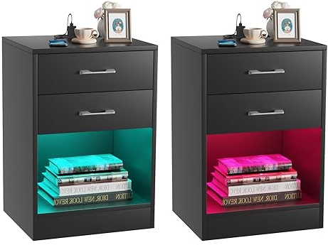 Lvhecforhm 2er Set Nachttisch Schwarz, Nachttische mit Offenen Fächern Matte Front, Nachttische mit 2 Schubladen, Nachttisch Licht Einstellbare Farben, Modern Nachttisch für Schlafzimmer 40x35x60cm