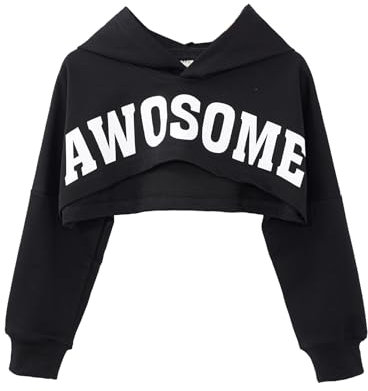 Jugaoge Mädchen Cropped Top Kapuzenpullover Kurz Bauchfrei Sweatshirt Sport Hoodie Loose Fit Tanzshirt Hip Hop Street Dance Oberteile Streetwear Schwarz 134-140