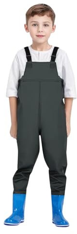 Wathose für Jungen und Mädchen - Wathose für Kinder, Wasserdichte Regenhose mit Stiefeln,Junior Hosenträger Matschhose Regenstiefel,Rutschfeste Sohle Gummistiefel für Jugendliche für 2-15 Jahre