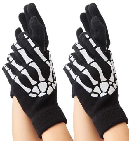 OTPEH 2 Paar Skelett-Handschuhe, fingerlos, Winter, warm, Totenkopf-Handschuhe für Erwachsene und Kinder, leuchten in der Nacht, Stil 2, Einheitsgröße