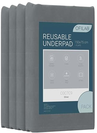 OFILAB - 150 cm tvättbart sängunderlägg med 45 cm vingar och 4 skyddsskikt. 1 st. superabsorberande 3 liter/m². Vattentätt återanvändbart skydd. Olika mått 90 cm, 135 cm, 150 cm.