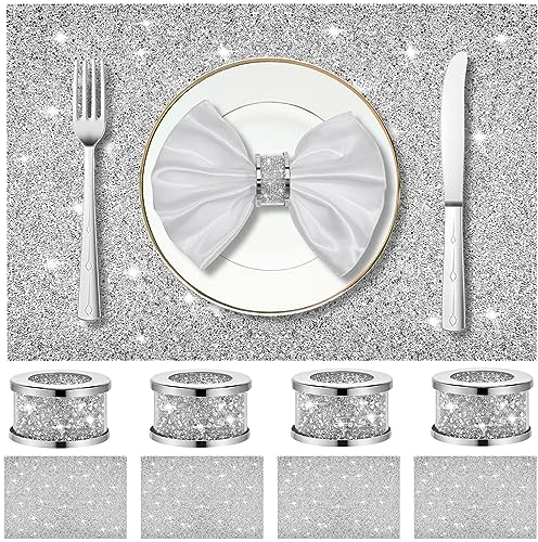 Suclain 4 Sets Strass-Tischsets, glitzernd, 30,5 x 45,7 cm, dekorative Tischsets und 4 silberfarbene Serviettenringe, Serviettenschnallen, Stoffhalter, Glas-Serviettenhalter für Tisch, Zuhause,