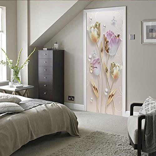 ONDIAN stickers paroi de douche 77x200cm(30.31 inches * 78.74 inches) Fleurs plantes 3D Papier Peint pour Porte Imperméable Stickers de Porte, Vinyle Porte Stickers Muraux Autocollant de Porte 3d