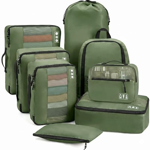 MURISE resväskeorganizer 8 delar, packkuber för semester och resor, packkuber packpåsar för resväskor, med skoväska kosmetikväska, organisationssystem, Travel Essentials, militärgrön