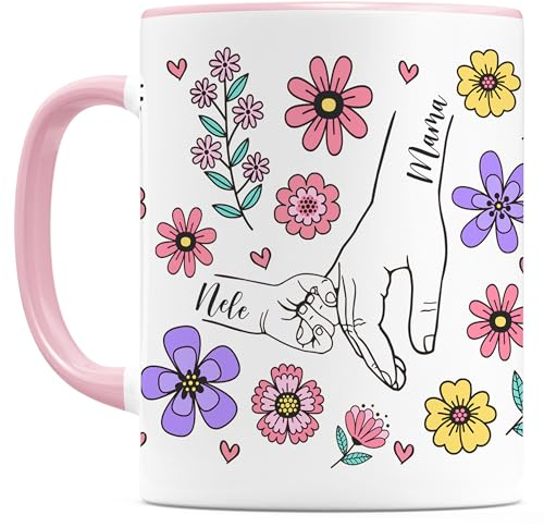 Muttertagsgeschenk Tasse Mama personalisiert mit Namen Sohn Tochter Mutter Geschenk zum Muttertag Kaffeebecher Blumen Kaffeetasse aus Keramik 330 ml (1 Kind)