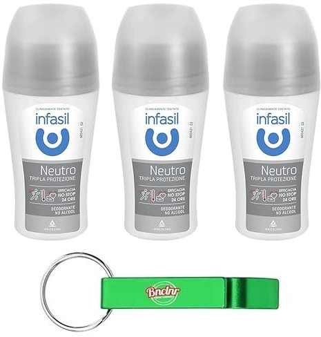 3 x Infasil Deodorant Roll On Neutral Dreifacher Schutz, wirksam gegen Schweiß und schlechte Gerüche, ohne Alkohol, Deo Roll-On 50 ml + Schlüsselanhänger Beni Culinari gratis