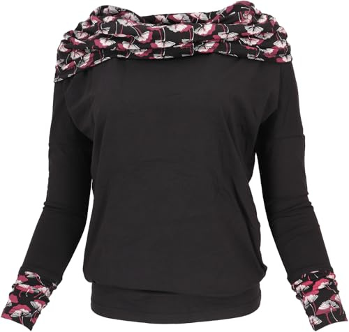 GURU SHOP Lockeres Longshirt aus Bio-Baumwolle, Schalkapuze | Fledermausärmel, elastisches Material, normale Passform, lässiger Schnitt, vielseitig tragbar
