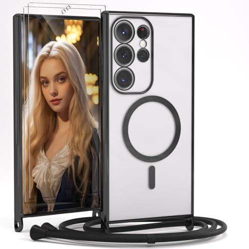 YIRSUR Handykette für Samsung Galaxy S24 Ultra Hülle mit Band Und 2 Schutzfolie, [Kompatibel mit Magsafe] Transparent Silikon Necklace Handyhülle Abnehmbar Stoßfest Schutzhülle mit Kordel- Schwarz