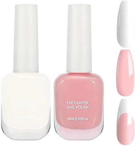 Pink & White Nail Polish Set, 2 Color Quick Dry Water-Based Gel, Chip-Resistant Peel Off Kit for DIY Nail Art French Manicure At Home, No Need Cure