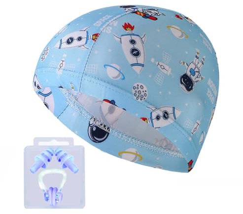 EIHI Gorro de Natación, Gorros de Piscina, Pack de Gorros de Natación para Niños Gorro de Natación Elástico, + 1 Clip para la Nariz + 1 Tapón para los Oídos, (Azul), 3 Piezas