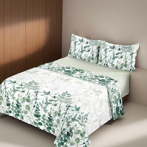 H HANSEL HOME Juego de Sábanas Cama 150cm 4 Piezas 100% Microfibra Transpirable Duradero Ultra Suave - Incluye 1 Encimera, 1 Bajera Ajustable y 2 Fundas de Almohada - Hoja Verde