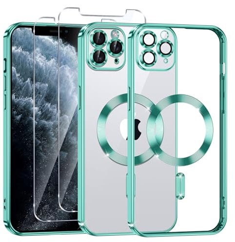 Phoona Cover Placcatura per iPhone 11 Pro 5,8 Pollici, Obiettivo per Fotocamera Protezione Completa e 2 × vetro temperato, Compatibile con MagSafe Ricarica Wireless, Protezione Militare, Verde