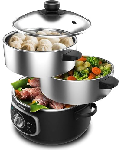 Cecotec Vaporera Eléctrica Vapovita Steelpot. Potencia 1300W, Recipientes Inoxidables, Capacidad 10L, Tiempo Ajustable, Apagado Automático, Fácil Limpieza, Tapa Especial, Cocina Saludable, Seguridad