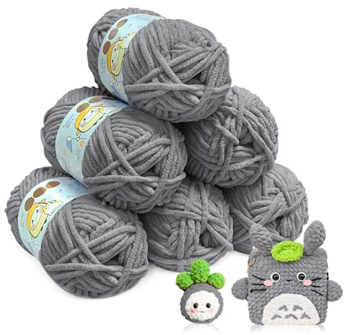 Chenille Wolle zum Häkeln, 6x50g Flauschige Wolle Dunkelgrau, Kuschelwolle, Häkelwolle Flauschig, Flauschige Wolle zum Häkeln Weiche für Amigurumi, Puppen, Hüte, Schals und DIY Kunsthandwerk