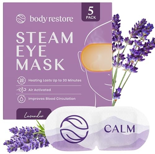 Body Restore Steam Eye Mask 5 Pack - Self Heating Warm Compress for Eyes, Relaxation Gifts, Women and Men, Disposable Heating Pad for Sleep, Dry Eyes, Spa, Travel Essentials, Self Care - Lavender