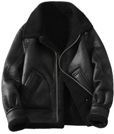 Zelbuck Herren Fliegerjacke Winter Kunst-Lederjacke Piloten Jacke Gefüttert Fellkragen Fleecejacke