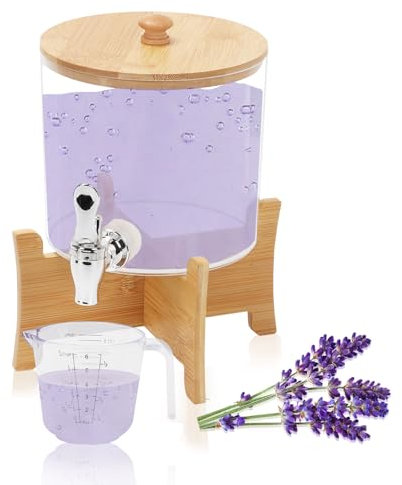 2,5L Dispenser per Detersivo con Rubinetto, Contenitore per Detersivo con Coperchi, Supporto in Legno, Misurin e Adesivo, Dispenser Detersivo Lavatrice in Plastica, Organizer Detersivi Lavanderia