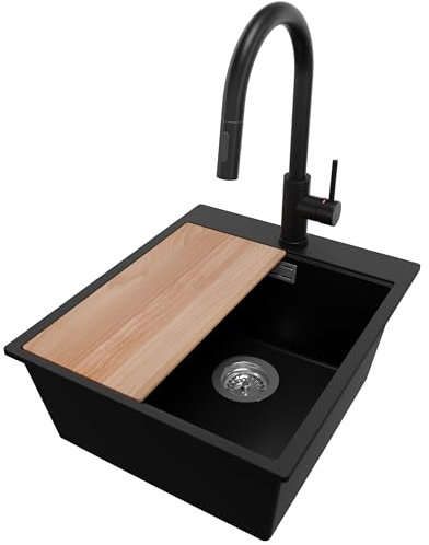 PRIMAGRAN Lavandino da Cucina Nero 43x50cm, Lavello da Cucina a 1 vasca + Sifone Classico + Rubinetto 40x20cm + Tagliere, Lavabo da Cucina Incasso al mobile 45cm - Oslo