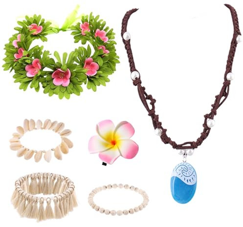Carreuty 6 accesorios de princesa compatibles con Vaiana, cadena de princesa, guirnalda hawaiana, diadema con flores, pinza para el pelo, 3 tobilleras, accesorios de fiesta para niñas, niños
