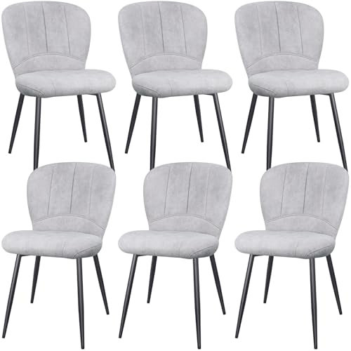 ANVOFONG Lot de 6 Chaises de Salle à Manger, Chaises de Cuisine, Chaises Rembourrées, Chenille Doux avec Pieds Métal Noir pour Salle à Manger, Cuisine, Gris Clair.