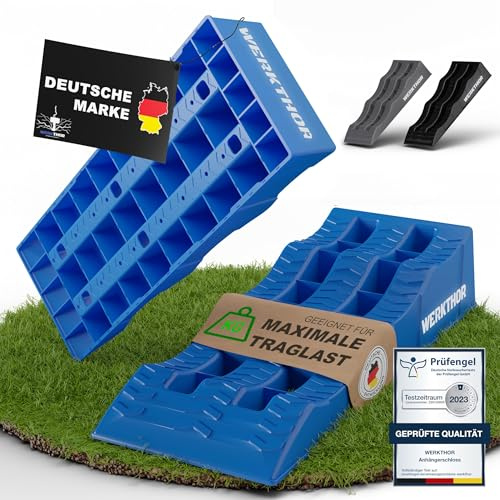 WERKTHOR Auffahrkeile Wohnmobil – [2er Set] stabile Auffahrkeile für Wohnwagen & Camper | Keile Wohnmobil für sicheres Nivellieren [<3t] – Robustes Design für jeden Untergrund (Blau ohne Tasche)