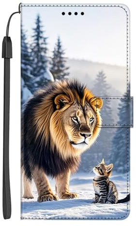 EuoDuo Kompatibel mit Huawei Y6 2019 Hülle zum Klappen PU Leder Handyhülle Kartenfach Handytasche Tier Muster Klapphülle Magnetisch Schutzhülle Cover - Löwe und Katze