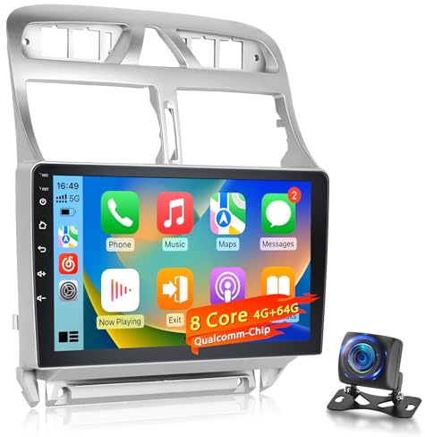 8-Kern Qualcomm 4+64 GB Android Autoradio für Peugeot 307 2002–2013, 9 Zoll 1280×720 IPS Touchscreen Stereo mit kabellosem CarPlay & Android Auto, GPS WiFi DSP 32EQ + AHD Kamera & externes Mikrofon