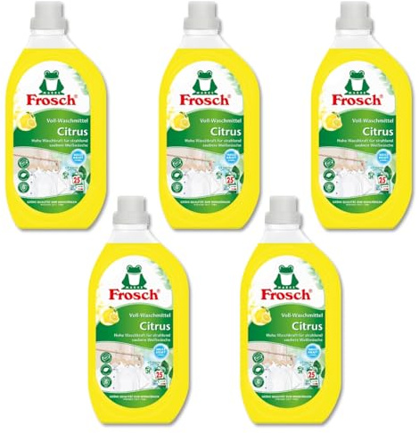 FROSCH 5 x Voll-Waschmittel Citrus Vorratspackung mit 120 Waschladungen | hohe Waschkraft von Weiß- und Kochwäsche von 20 bis 95°C mit kraftvoller Rezeptur, Weißkraftformel und Zitronenfrische