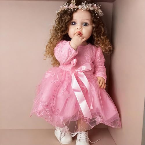 LFdolls Reborn Puppe Mädchen 55 cm Reborn Babypuppe Rosa Prinzessinnenkleid Mit Spitze Und TüLl, Dekorative Krone Weiche Silikonpuppe Realistische Babypuppe Für Kinder Ab 3 Jahren