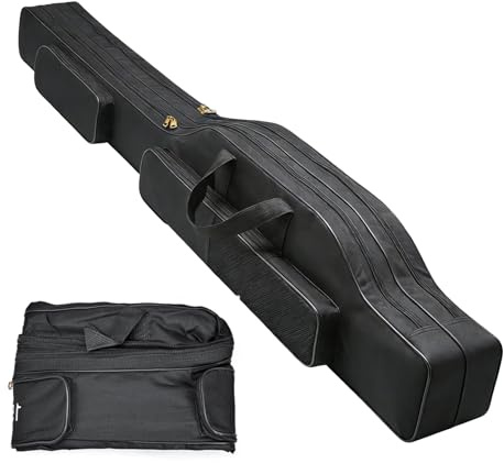 Faltbare Angelrutentasche, Tragbar Angeltasche Rutentasche, Angelruten Tasche mit 3 Fächern, 150cm Angelrute Tasche, 600D Oxford Stoff Angelgeräte Aufbewahrungstasche, Rutenfutteral Angelkoffer