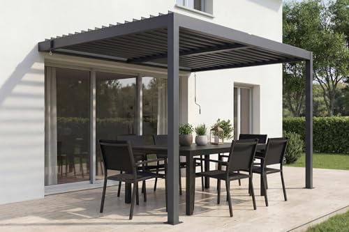 Cazeboo Aluminium Bioclimatic Pergola 304 x 209 cm Anthracite Grey – Piana 3 x 2 m Adjustable Blades 110° Sun Protection Rain Resistance Wind 70 km/h Terrace Modern Complete Kit