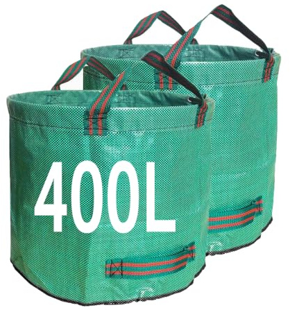 Singwow 400L Heavy Duty Garden Waste Bags, Reinforced Base Edge, 2 Pack | 140 g/m² woven PP bags with support hoops and four handles for larger gardens, leaves and seasonal cleanup.