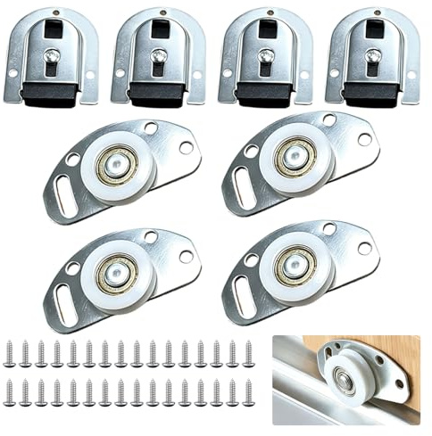 Sliding Wardrobe Door Kit, Sliding Door Kit, Universal Sliding Door Rollers for Wardrobe Slide Door Systems, 4 Pairs Alloy Steel Sliding Door Wheels with 32 Screws