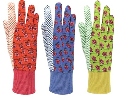 G & F 1852-3 Women Soft Jersey Garden Gloves, Women Work Gloves, 3-Pairs Green/Red/Blue per Pack