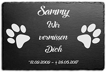 CHRISCK design Grabstein Hund Katze aus Schiefer mit Gravur | Nur bei Uns: Wetterfest imprägniert | Gedenkstein Katzen Hunde -Grabplatte 30x20 cm | Grabschmuck Grabdeko Tiergrab