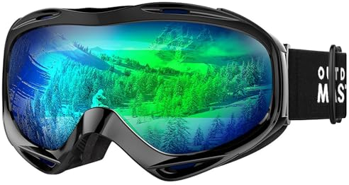 OutdoorMaster OTG Ski Goggles - Over Glasses Ski/Snowboard Goggles for Men, Women & Youth - 100% UV Protection (Black Frame + VLT 18% Grey Lens with Full REVO Green)