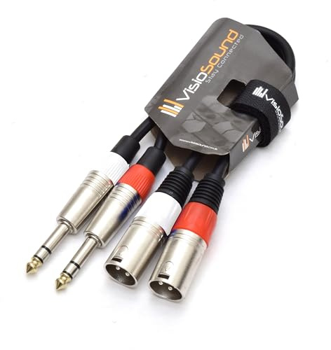 2x Male XLR to 6.35mm 1/4 Stereo TRS Jack Cable Twin Lead (Black, 0.5m) | Noiseless OFC Balanced Signal, Audio, Patch Cable / 5 Colours