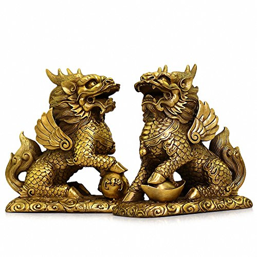 BOYULL Feng Shui Chi Lin/Kylin Reichtum Wohlstand Statue aus Messing, goldfarben, 2 Stück, Heimdekoration, zieht Reichtum und Glück an