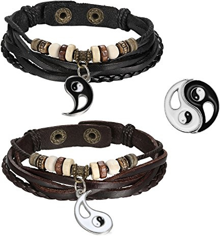 OIDEA Paar Armband Set Leder: 2 Stück Vintage Braun Lederarmband Yin Yang Taichi Magnet Herz Puzzle Anhänger geflochtene handgefertigt Verstellbare Rerto Handgelenk Armreif Geschenk