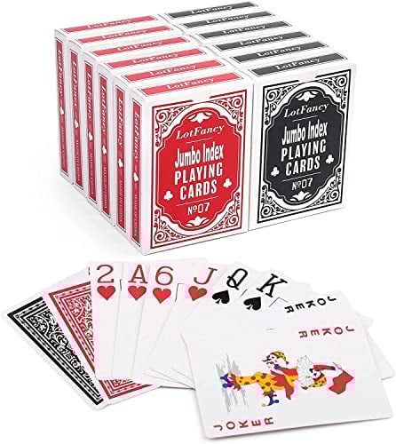 LotFancy Carte da Gioco Carte da Poker 12 mazzi con Numeri e Lettere Extra Grandi, Carte da Gioco Professionali Poker per Anziani, Texas Hold'em Poker (6 Nero e 6 Rosso)