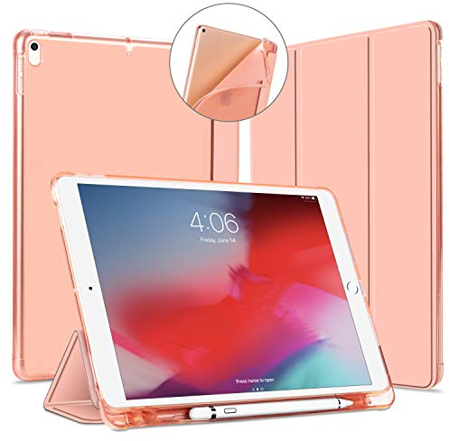 VAGHVEO Case for iPad Air 3 2019 & iPad Pro 10.5 Inch 2017, PU Leather Tri-fold Smart Cases [Auto Wake/Sleep], Flexible Stand Protective Soft TPU Translucent Frosted Back Cover [Pencil Holder], Pink