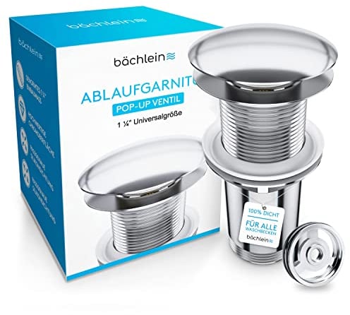Bächlein Universal Ablaufgarnitur ohne Überlauf (Chrom) - Pop Up Ventil für Waschbecken und Waschtisch – Ablaufventil Abflussgarnitur aus Messing mit Einbauanleitung