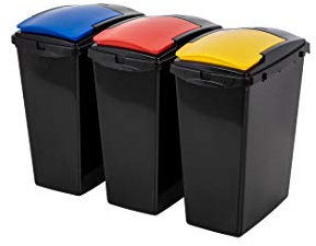 Addis Recycling 40 Litre Set of 3 Waste Utility Plastic Bins Interlocking Clips, Lift, Red & Yellow, Black Colour Coded Lids Blue, Red, Yellow, 3 x 40